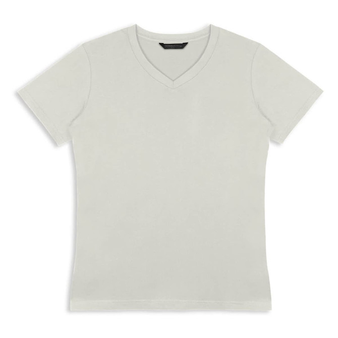 A light grey women's t-shirt with a v-neck design, featuring a logo on the neckline.