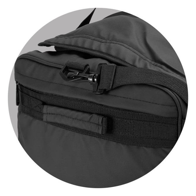 A dark grey duffle bag features a zip closure and an adjustable strap. It has a branded logo.