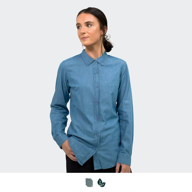 A denim button-up shirt in light blue, featuring a collar and long sleeves, with a logo present.