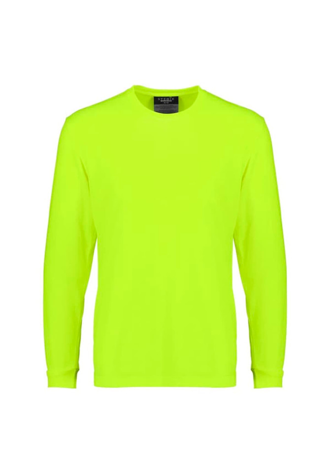 A long sleeve tee in bright hi-vis yellow, featuring a plain design and a logo on the label.