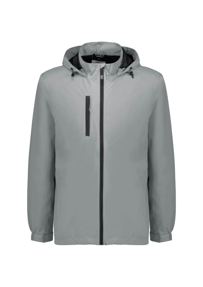 A light grey unisex packable rain jacket with a hood and front zipper, featuring a logo.