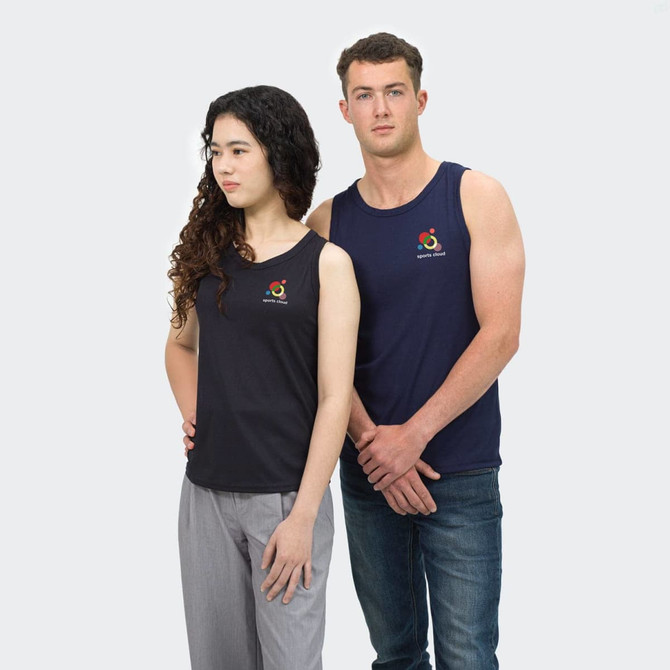 A black women's tank top and a navy blue men's tank top, both featuring a logo.