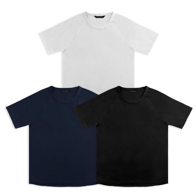 Three T-shirts in white, navy blue, and black, featuring a simple design and a logo on the front.