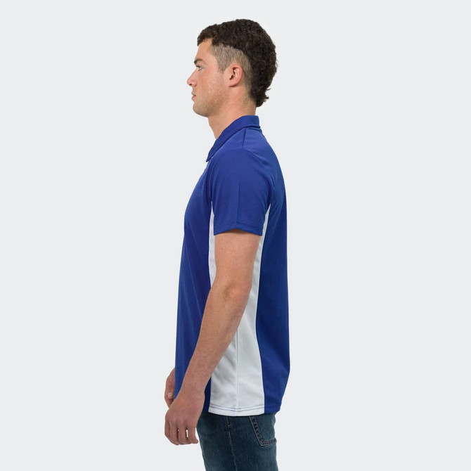 A blue and white polo shirt displayed on a male model in profile, featuring a logo on the chest.
