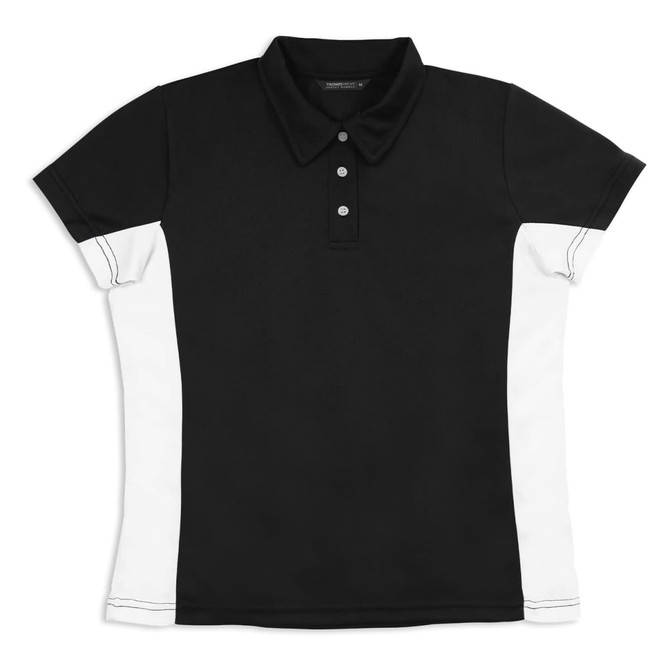 A black and white women's polo shirt with a collar and button placket, featuring side panels and a logo.