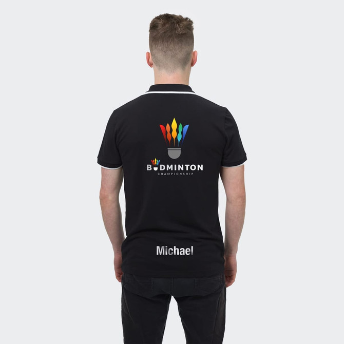A black polo shirt featuring a colourful logo and the name "Michael" at the bottom.