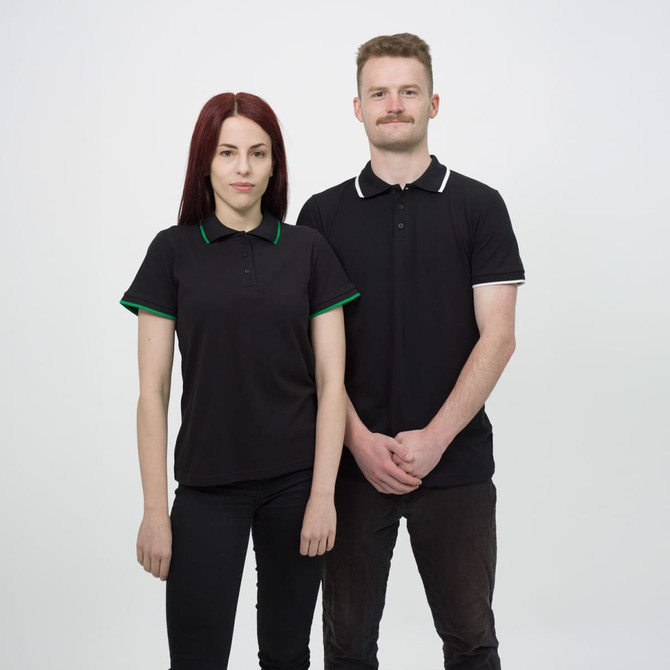 A black polo shirt for men featuring a contrasting collar, displayed by a model. The shirt has a logo.