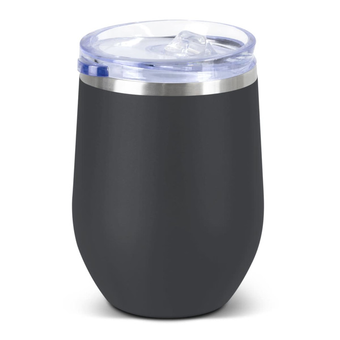 A drink bottle featuring a matte black ceramic body and a clear plastic lid with a straw opening. It has a logo.