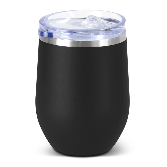 A drink bottle in matte black with a clear lid and a stainless steel rim, featuring a branded logo.
