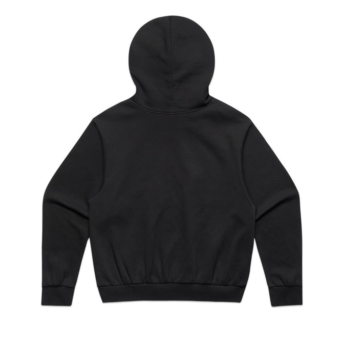 A black jumper featuring a hood and a fitted waistband at the bottom, with a plain back design.