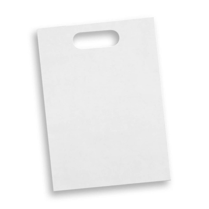 A large white die cut paper bag with a handle and no visible branding.