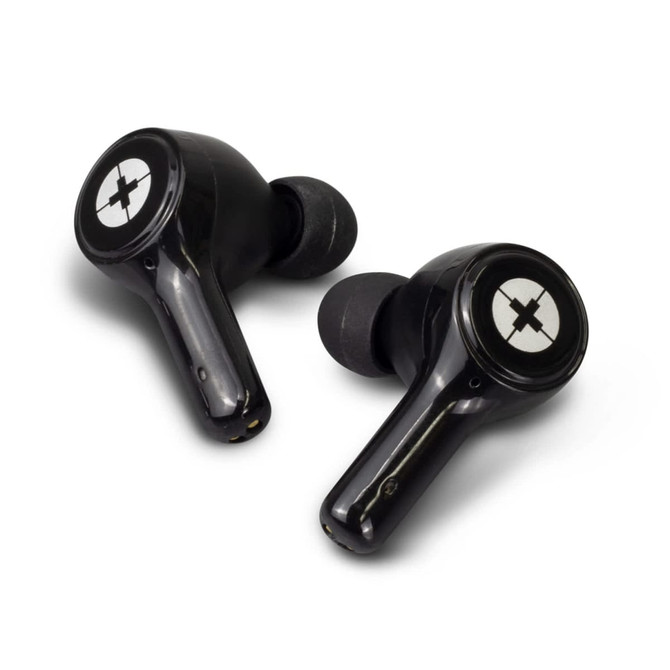 Black wireless earbuds with a sleek design and a logo on the surface.