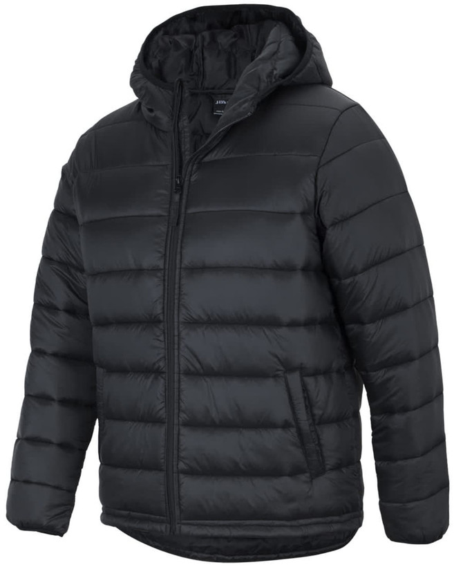 A black urban hooded puffer jacket with a zip front and a logo on the chest.
