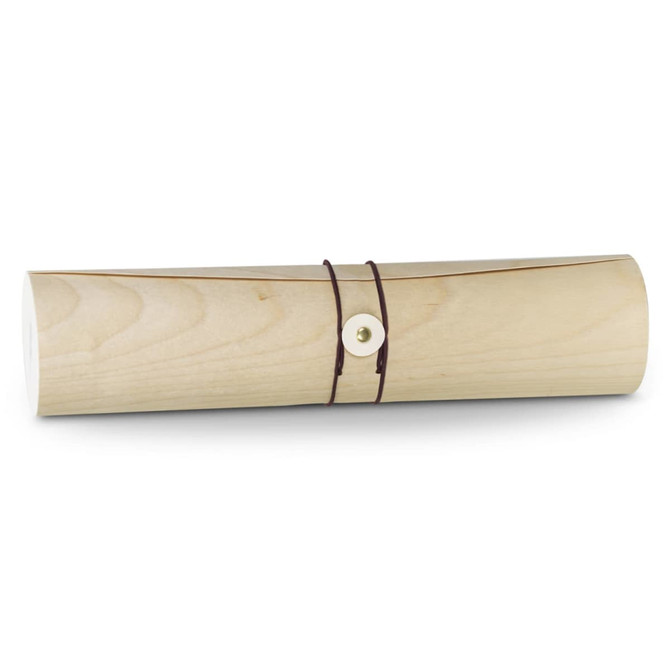 A drink bottle in a wooden tube with a natural finish, secured with a brown leather strap and a button fastener.