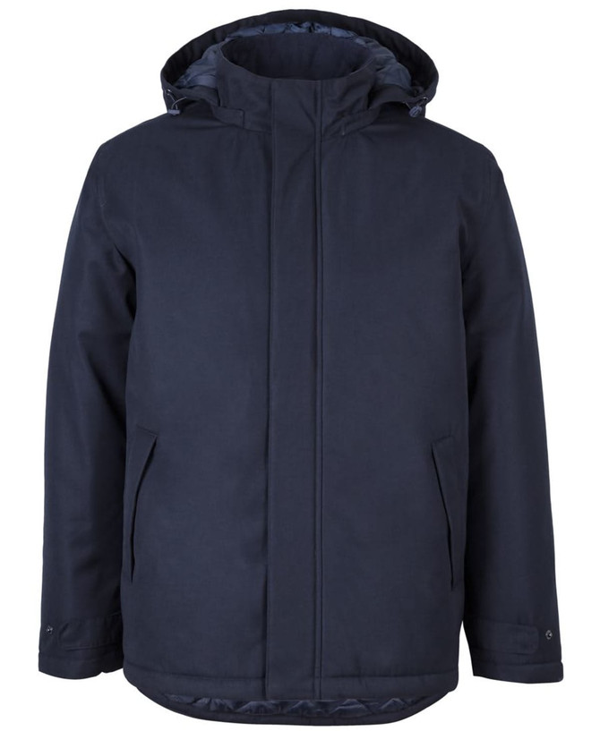 A navy rain jacket with a hood and two front pockets, featuring a logo on the chest area.