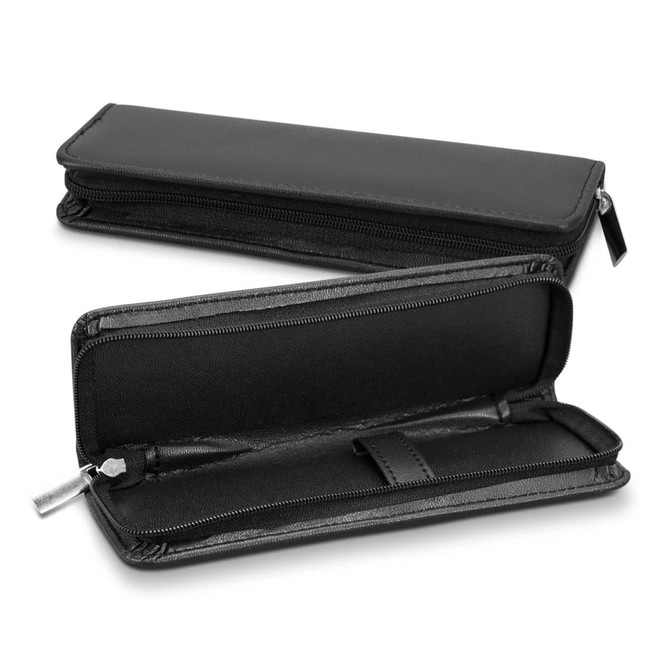 A sleek black pen presentation case with a zip closure and an open compartment for storing pens.