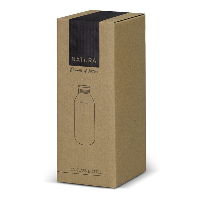 A drink bottle in a kraft paper box, featuring a simple design and a logo. The bottle appears clear and glass.