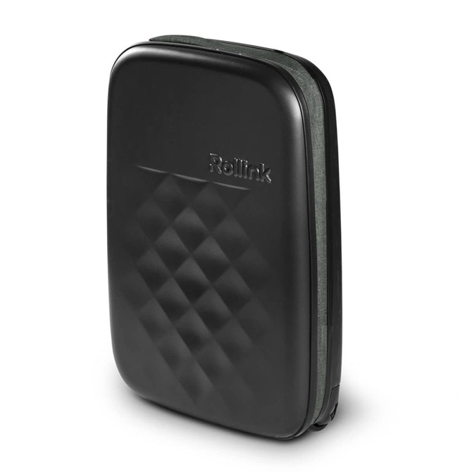 A small black wheeled suitcase with a diamond pattern and a green zipper, featuring a logo on the front.