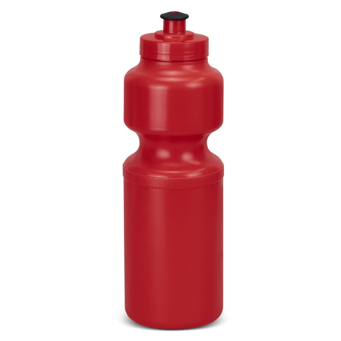 A red drink bottle with a twist cap and a contoured design, featuring a logo on its surface.