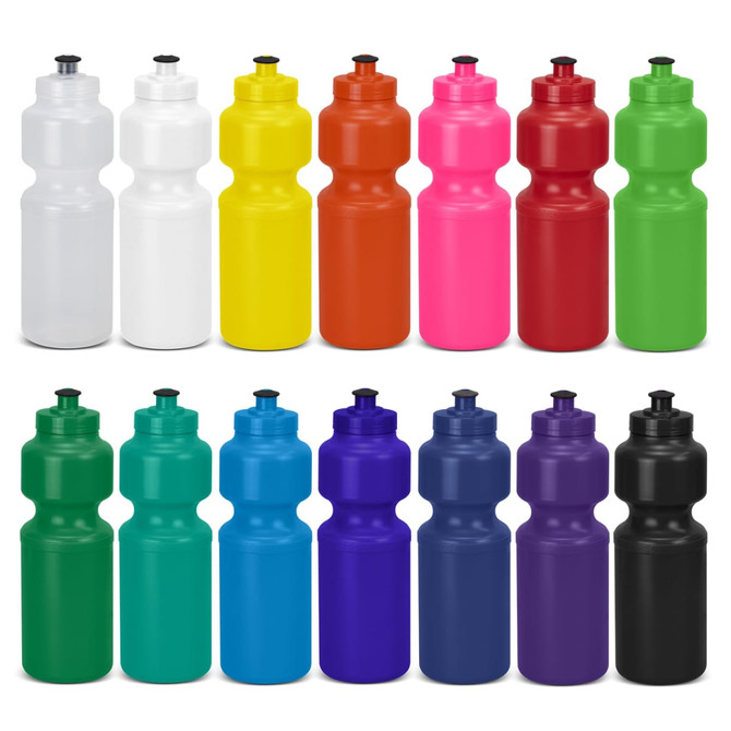 A drink bottle collection featuring various colours, including white, yellow, pink, red, orange, green, blue, and purple. Each bottle has a black cap and a logo.