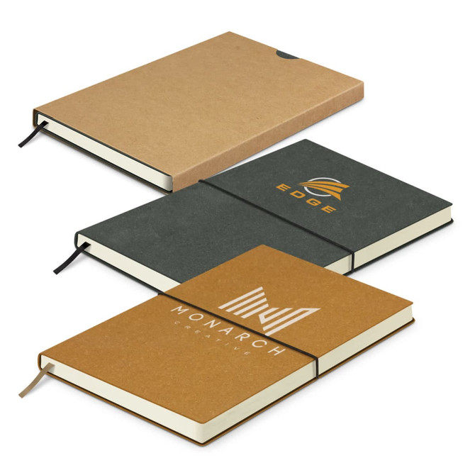 Three soft cover notebooks in tan and dark green, featuring logos and elastic closures, stacked on a white background.