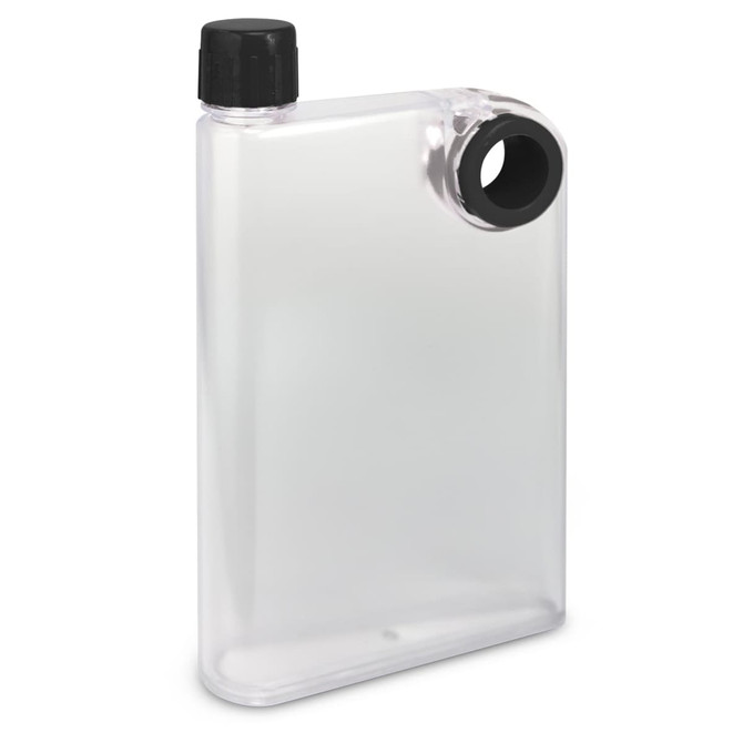 A drink bottle in frosted clear plastic with a black screw cap and a side opening, featuring a logo.