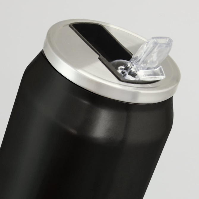 A drink bottle in matte black with a silver lid and a clear drinking spout, featuring a logo.
