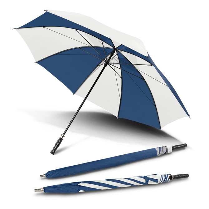 A blue and white umbrella with a sturdy handle and a logo, displayed opened and with its folded form beside it.