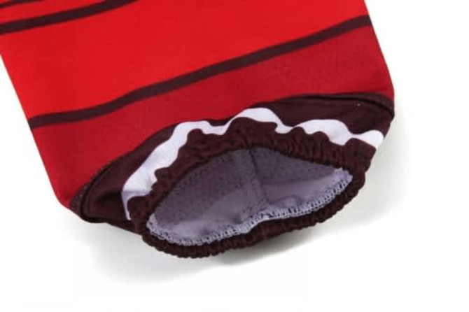 Red ice hockey sock with brown stripes and a white trim, featuring a gathered cuff at the opening.
