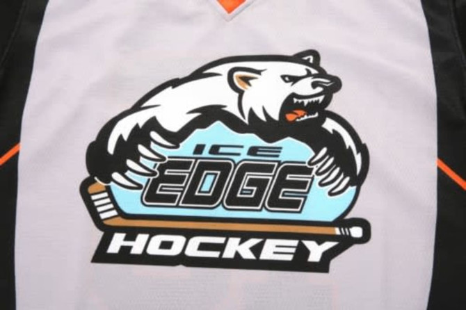 A grey sports jersey featuring a polar bear graphic and a logo, with black and orange accents.