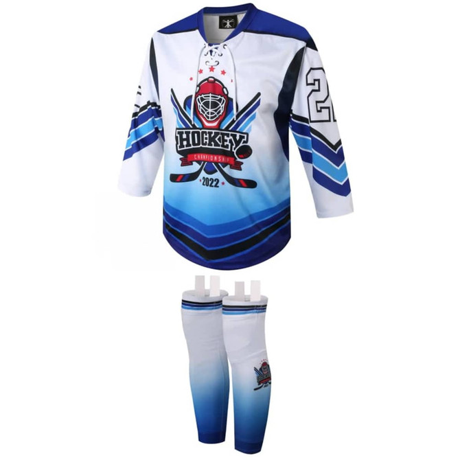 An ice hockey uniform kit featuring a blue and white jersey with long sleeves and matching pants. It has a logo.