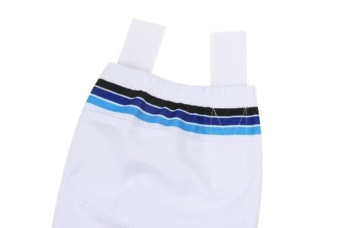 A white ice hockey sock featuring blue and black stripes at the top and white elastic straps.