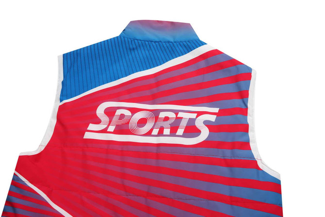 A puffer vest coat in red, blue, and white with a logo, featuring a sporty design and a high collar.
