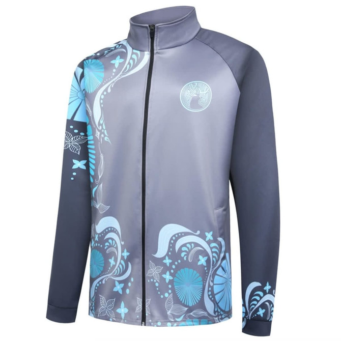A grey and blue jacket featuring a floral design and a logo, designed for sports uniforms.