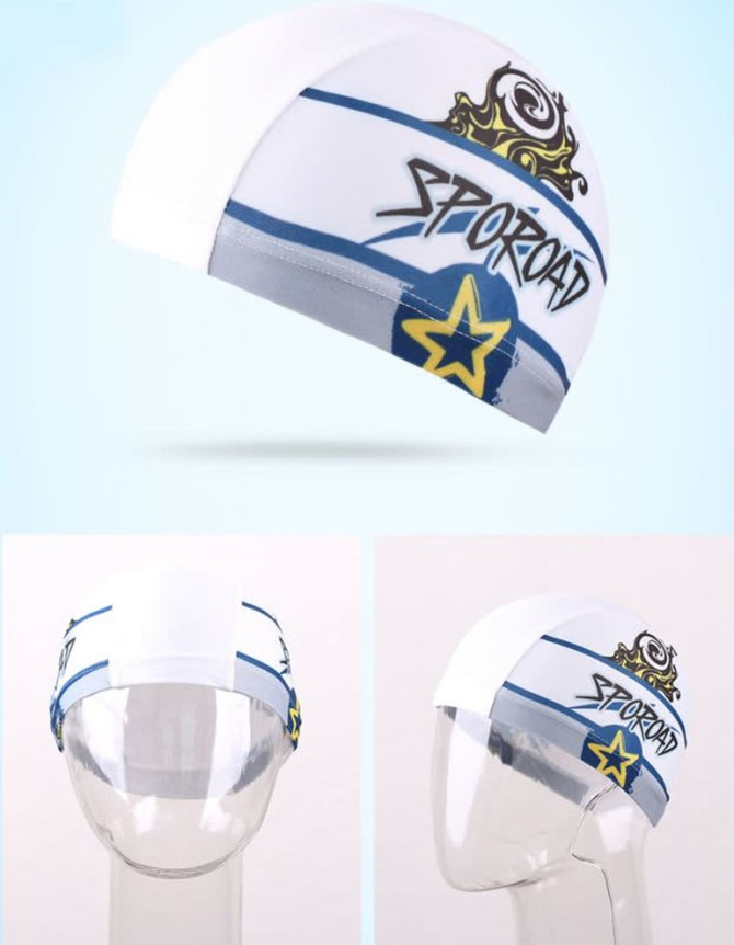 A white swimming cap featuring blue stripes and a logo, displayed on a clear mannequin head.