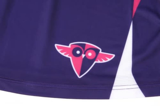 A purple sports uniform with a stylised logo featuring two eyes and wings in red and black.