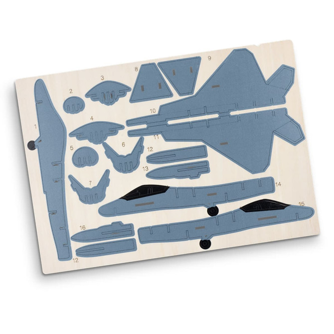 A wooden model kit of a jet fighter featuring various grey pieces on a natural wood background, with a logo present.