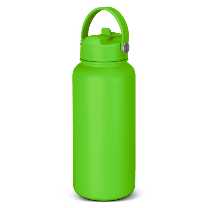 A drink bottle in vibrant green, featuring a handle and a secure lid, with a logo on the side.