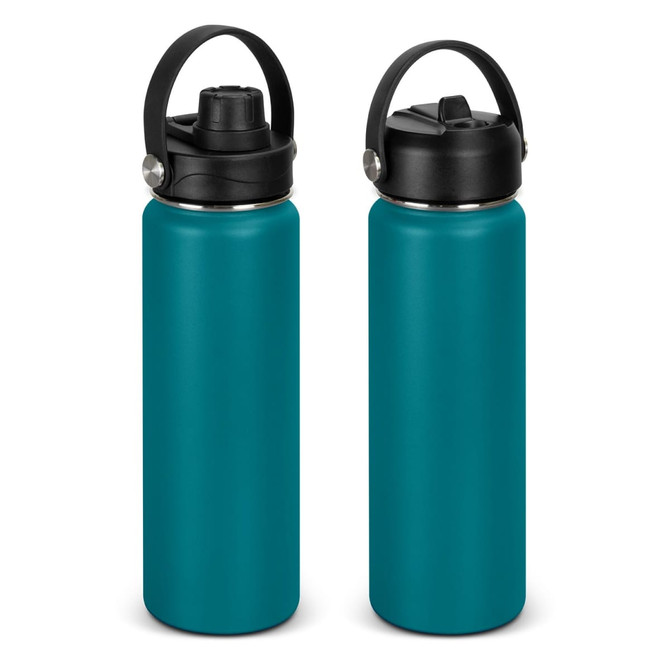 A drink bottle in teal with a black lid and handle, featuring a logo. Two bottles are displayed side by side.