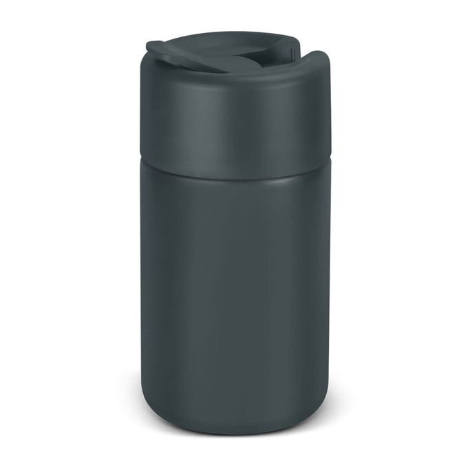 A drink bottle in dark green with a twist-off lid and a sleek, matte finish. It has a logo on the front.