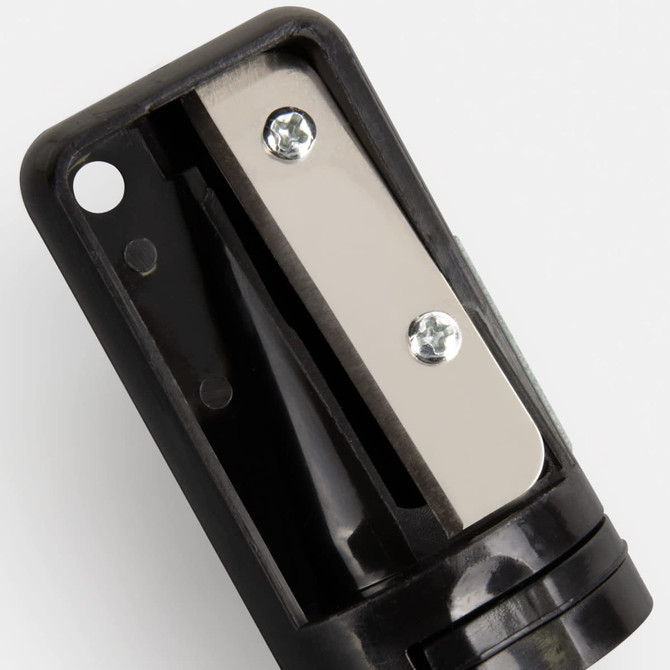 A black carpenter's pencil sharpener featuring a metal blade and screws, designed for precise sharpening.