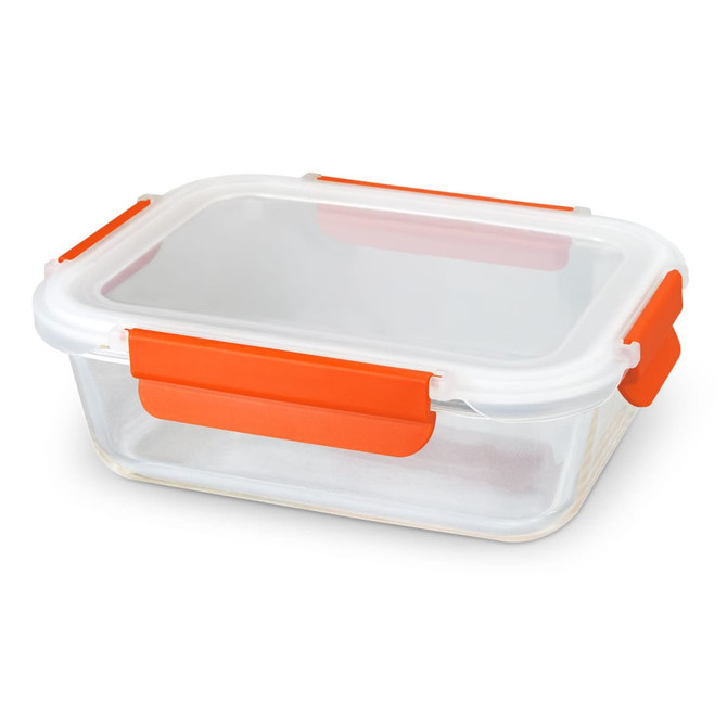 A transparent glass lunch box with orange clips on the sides and a clear lid.