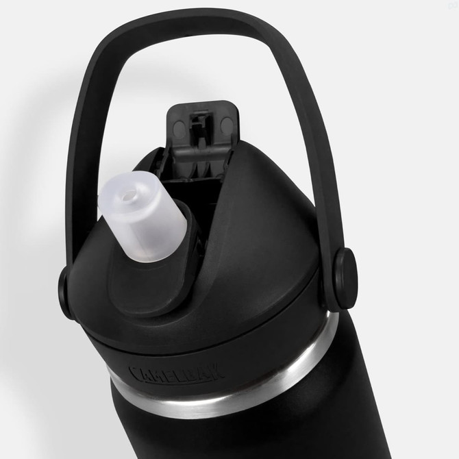 A drink bottle featuring a flip straw design, metallic silver base, and a black lid with a handle.