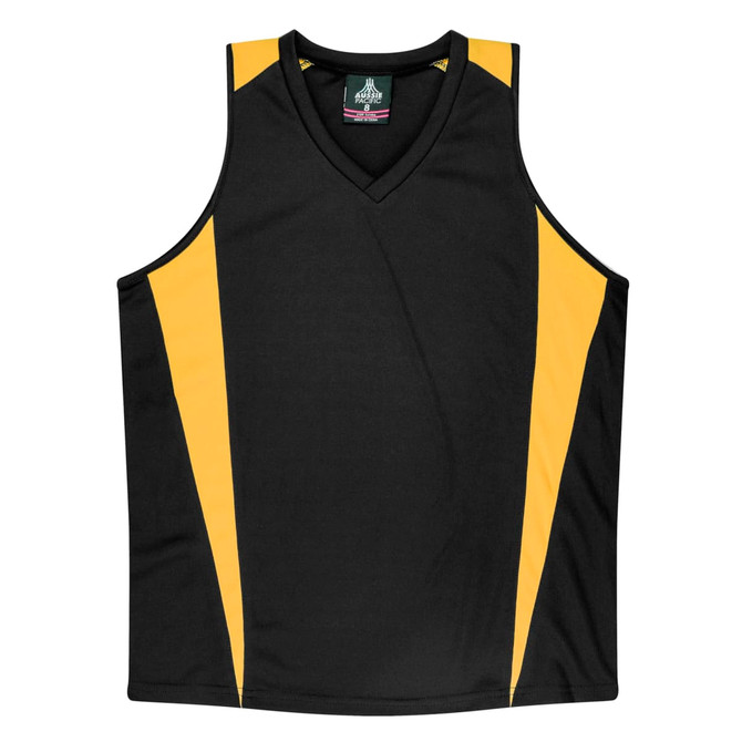 A black singlet with yellow side panels and a v-neck design. It features a logo on the upper section.