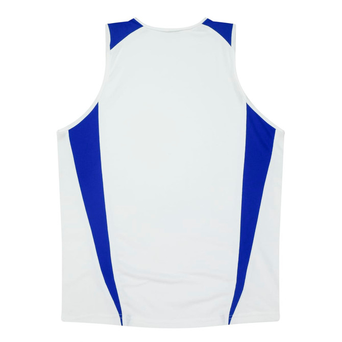 A sleeveless white singlet featuring blue side accents and a logo.