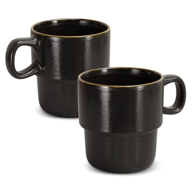 A set of two stackable coffee mugs in dark grey with a sleek, modern design. Each mug features a distinct handle and has a logo.