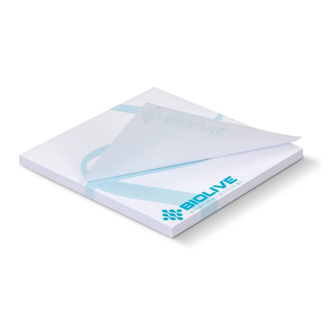 A white sticky pad featuring a blue design, containing 50 sheets, with a logo on the cover.