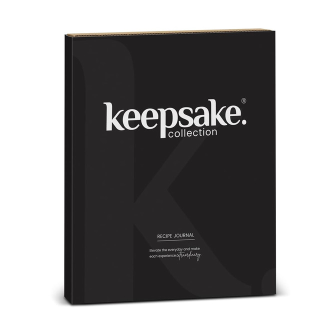 A black recipe journal with a sleek design, featuring a logo and promotional text on the cover.