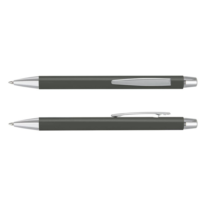 A grey laser cut logo pen with a shiny silver clip and accents, displayed from two angles.