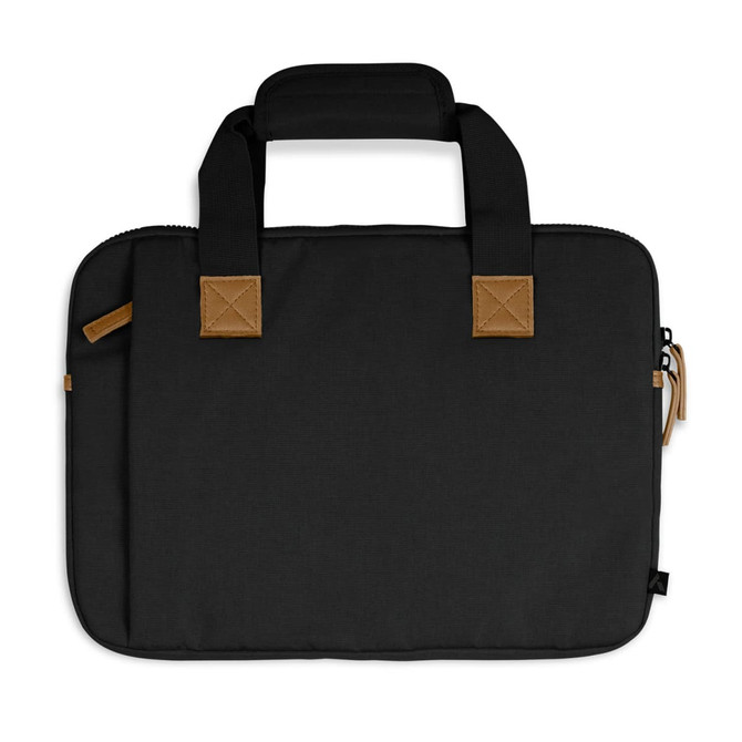 A black laptop bag with tan accents and two top handles, featuring a zipper closure and a textured surface.